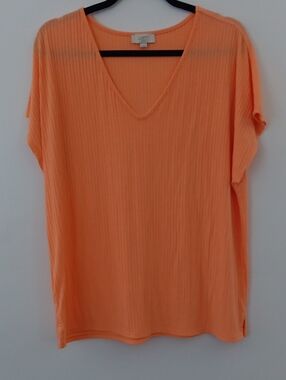 LOFT Orange Ribbed V-Neck Short Sleeve Top #3508